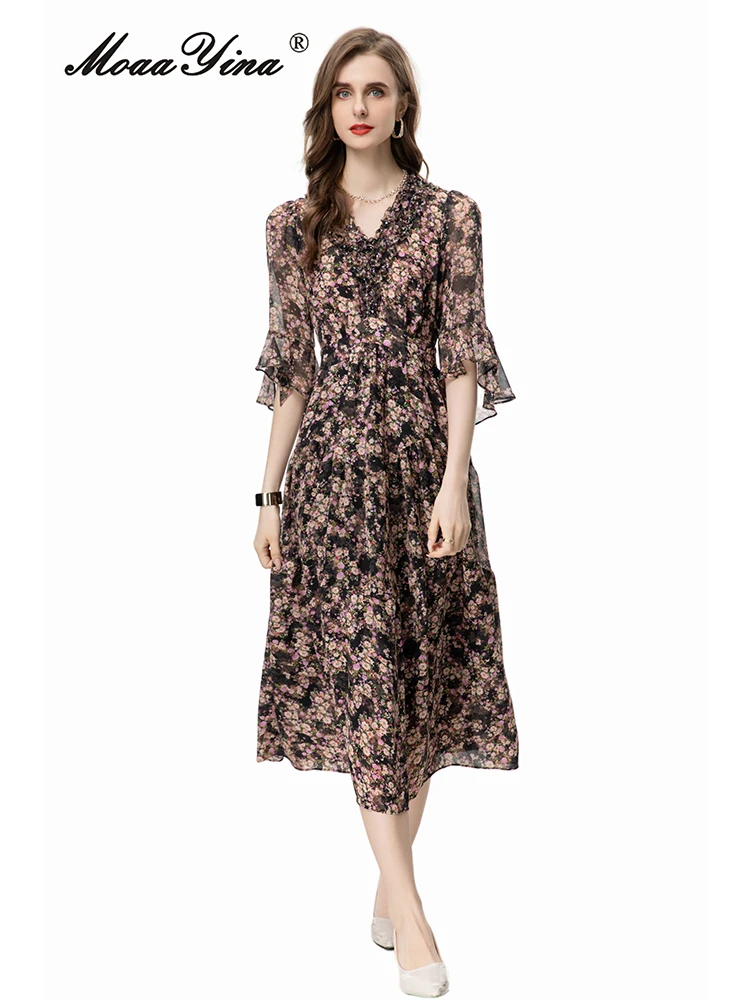 

MoaaYina Fashion Designer Summer Women's Dress Vintage Small Floral Print Gorgeous Beading Elastic Waist Ruffle Elegant Dresses