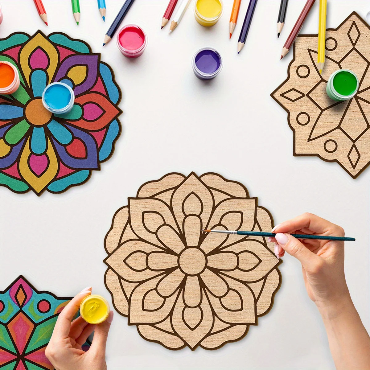 8pcs Unfinished Mandala Coloring Wooden Art Painting DIY Kit, Creative Craft Doodle Tool Kit, High-Quality Materials,Clear Lines