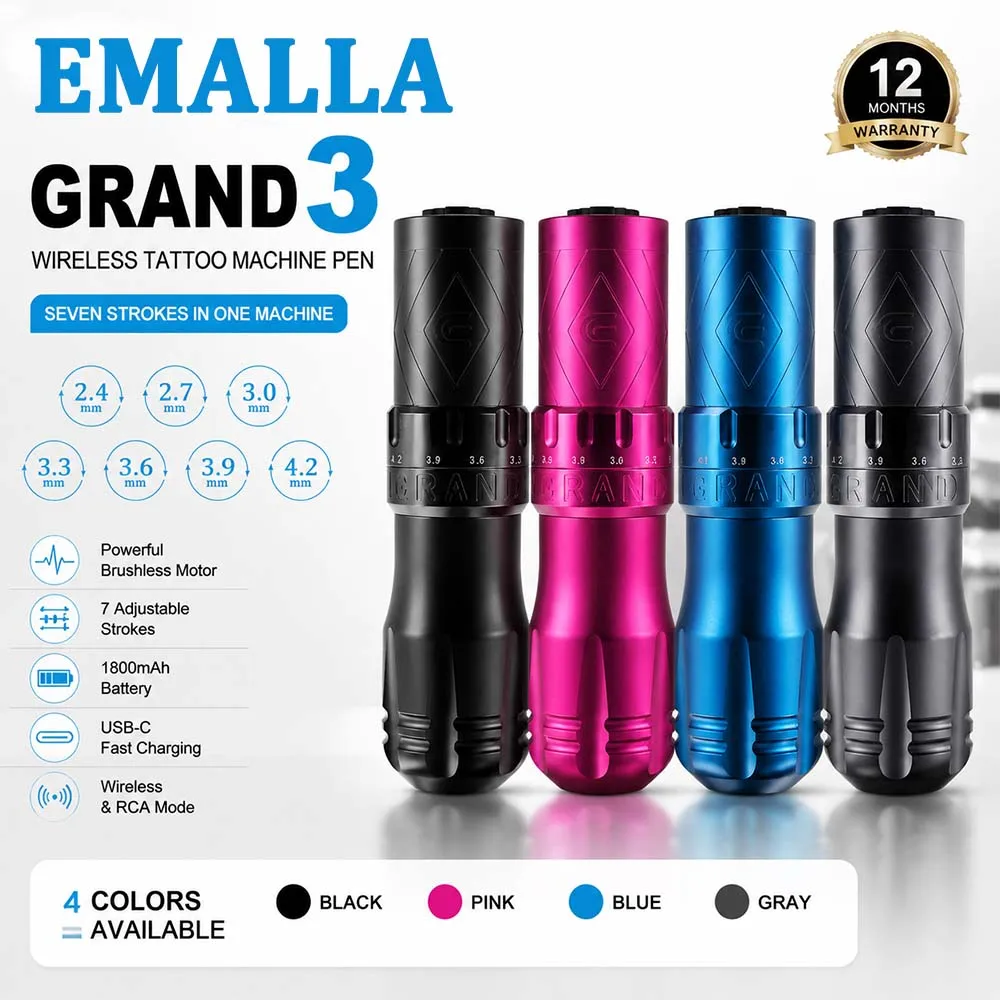 EMALLA GRAND 3 Wireless Tattoo Pen 7 Stroke Adjustable Rotary Tattoo Machine Battery & RCA Compatible Professional Tattoo Pen