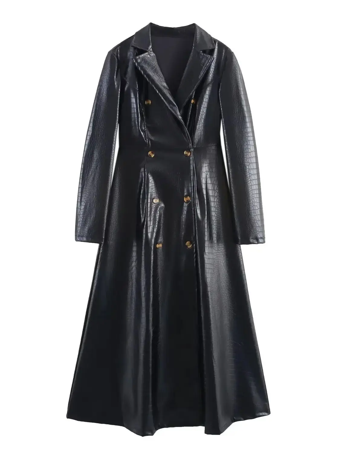 

2025 Women's British Elegant Extra Long Black Faux Leather Trench Coats Lady Vintage Luxury PU Designer Double Breasted Jackets