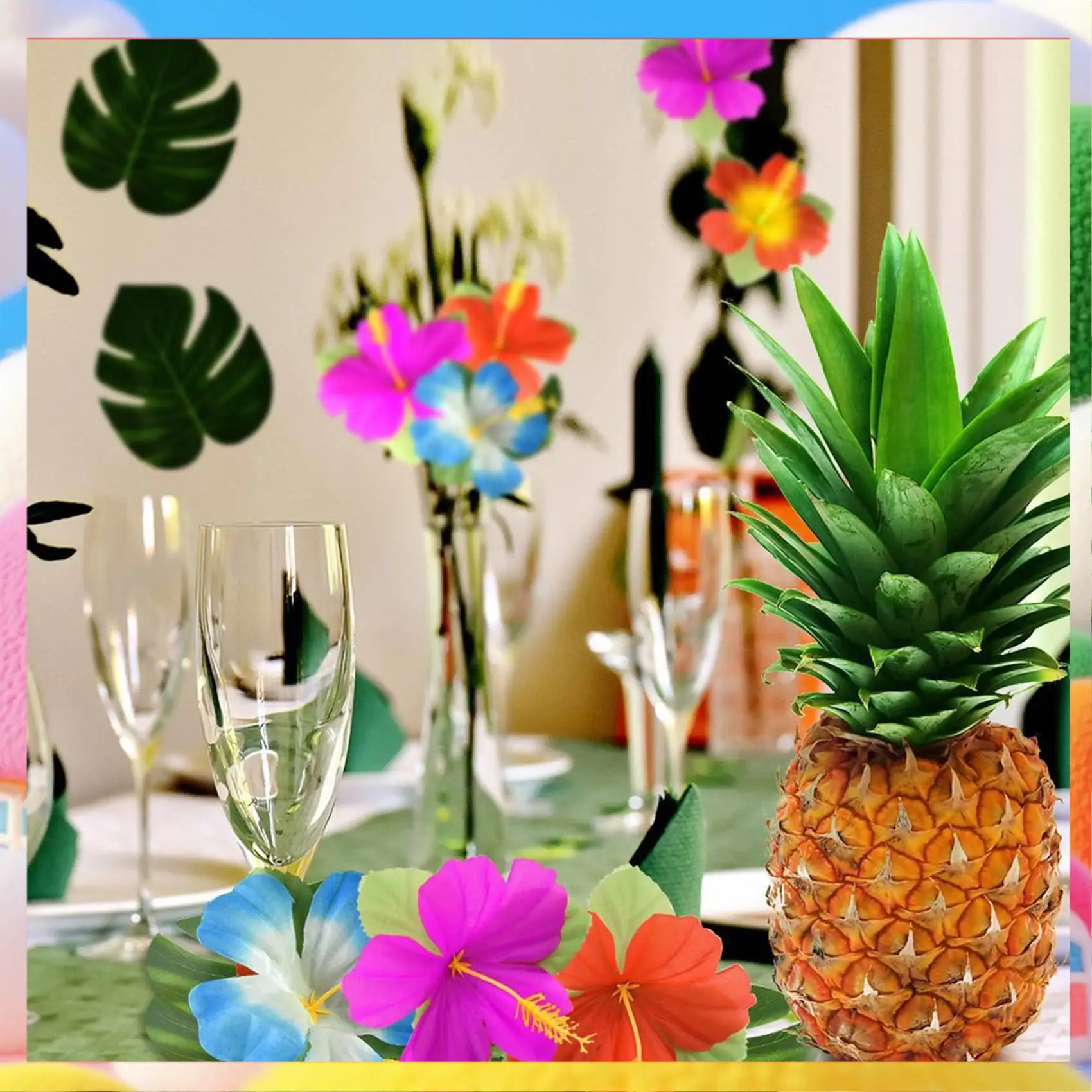 

120 Pcs Tropical Party Decoration Supplies 8 Inch Tropical Palm Monstera Leaves And Hibiscus Flowers, Simulation Leaf-ABUA