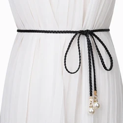 Women Belt Style black Waist Chain Hemp Rope Braided Big Pearl Dress Belt Casual Thin Belt For Dress Candy Color Women