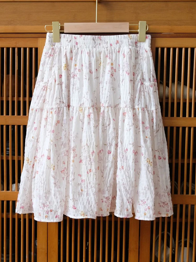Pink Floral Chiffon Skirt Women High Waist Sweet Fashion Midi Skirts Summer Loose Elegant Female Korean Casual Chic A Line Skirt