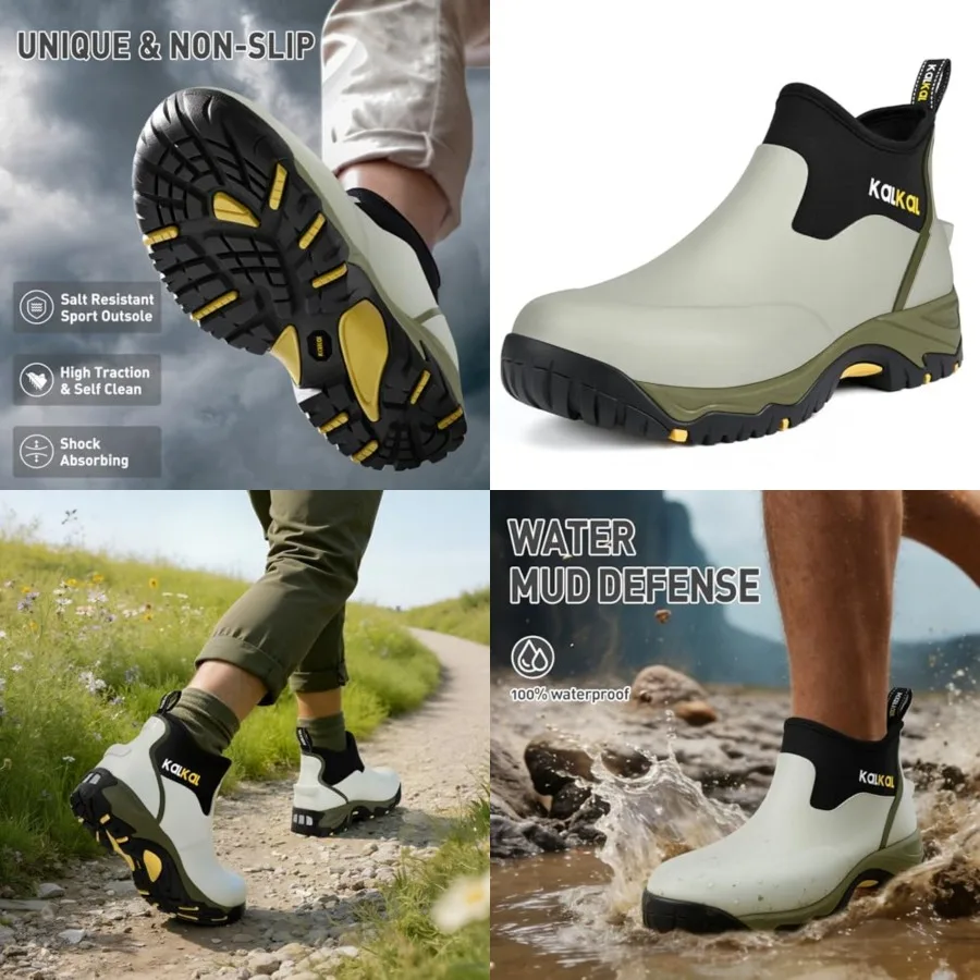 Kalkal Men's Rubber Boots, Waterproof Ankle Rain Boots, Insulated Working Booties with Comfortable Sports Sole, Outdoor Mud Boo