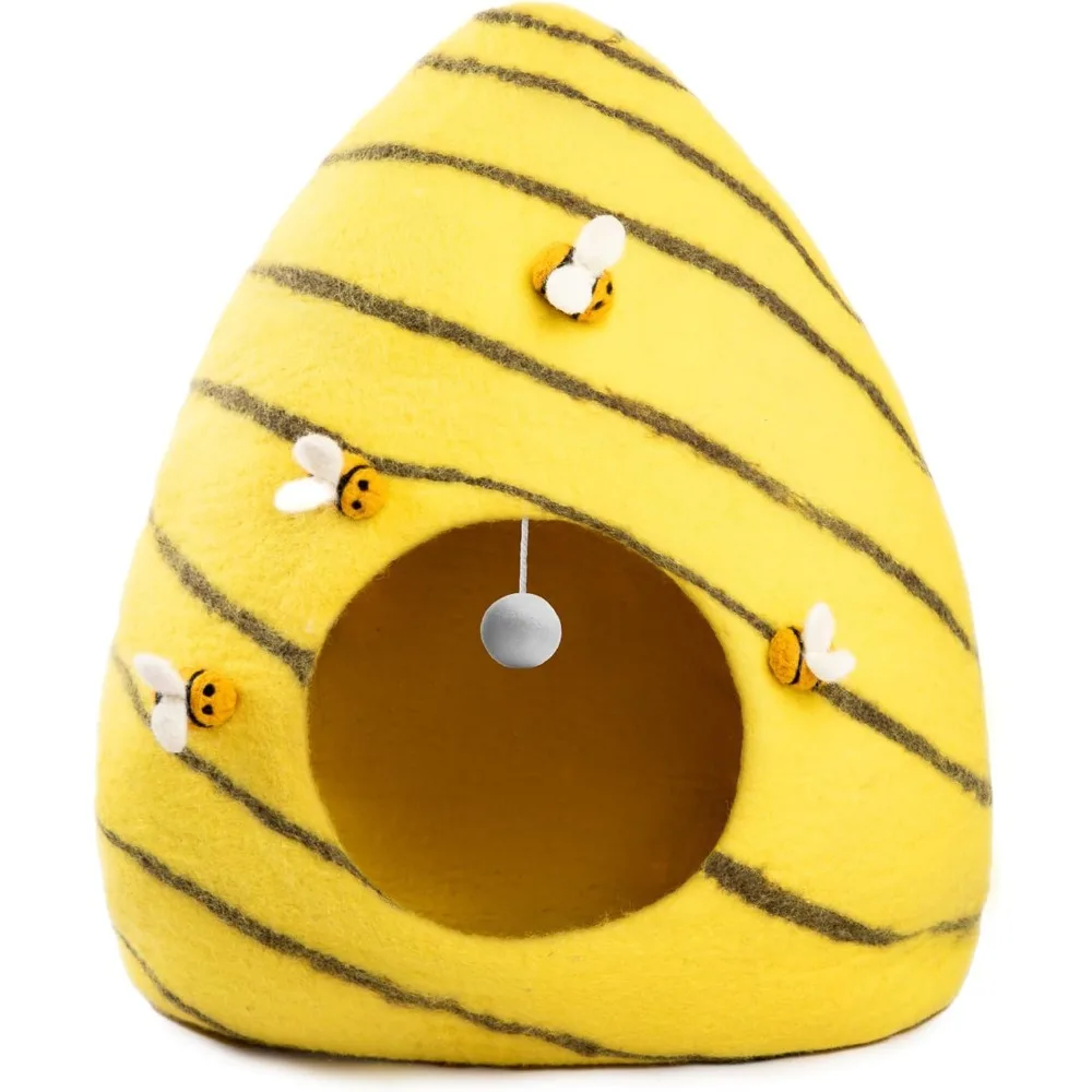 

Luxurious Eco-Friendly Merino Wool Cat Cave Bed Beehive - Foldable Hideaway Pod for Indoor Cats - Premium Felt Kitten Beds - Cov