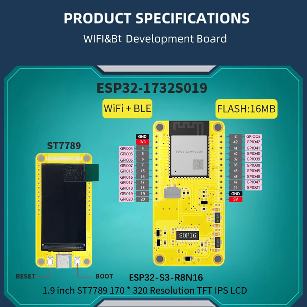 Carte de développement ESP32-S3 LCD TFT IPS Tech WiFi + Bluetooth 8M PSRAM 16M Flash Type-C Wild