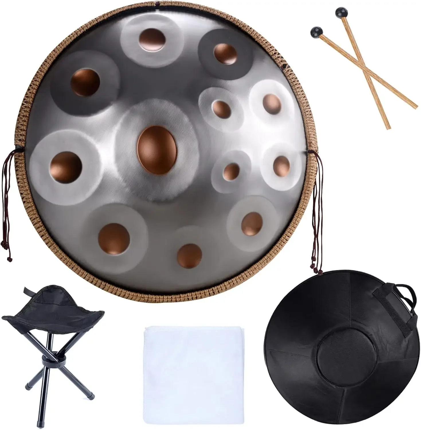 Drums Sets 22 inches D Minor Steel Hand Drum with Soft Hand Pan Bag, 2 handpan mallet,Handpan Stand,dust-free cloth (Ash