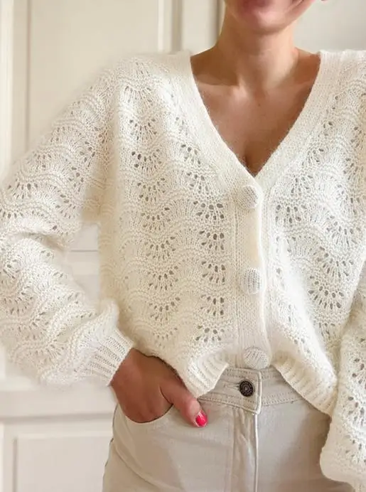 Sexy Mesh Hollowed Out Wide Truffle Waist Long Sleeved V-Neck Knitted Sweater for Autumn, Elegant Button Knit Jacket for Women