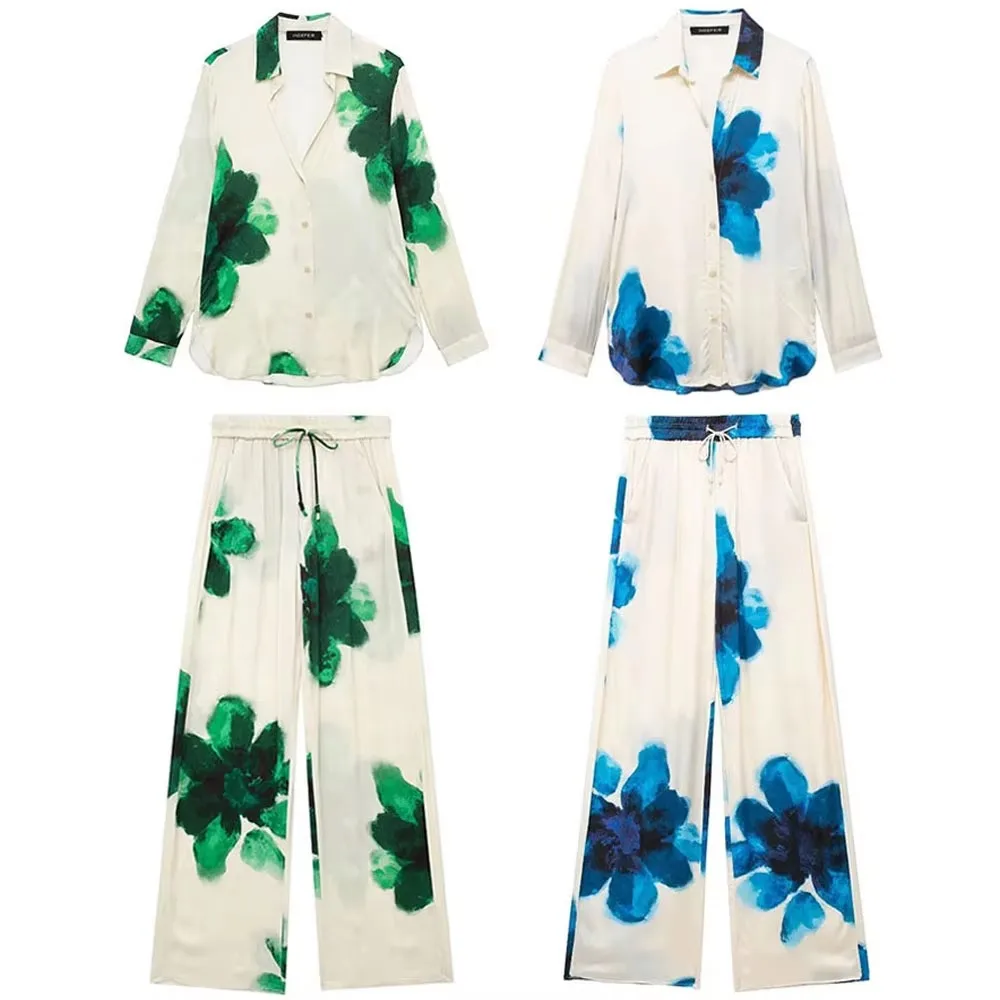 

HH комплекты брюк с цветочным принтом для женщин, повседневная рубашка на пуговицах с длинными рукавами, прямые брюки на шнурке, элегантный женский наряд