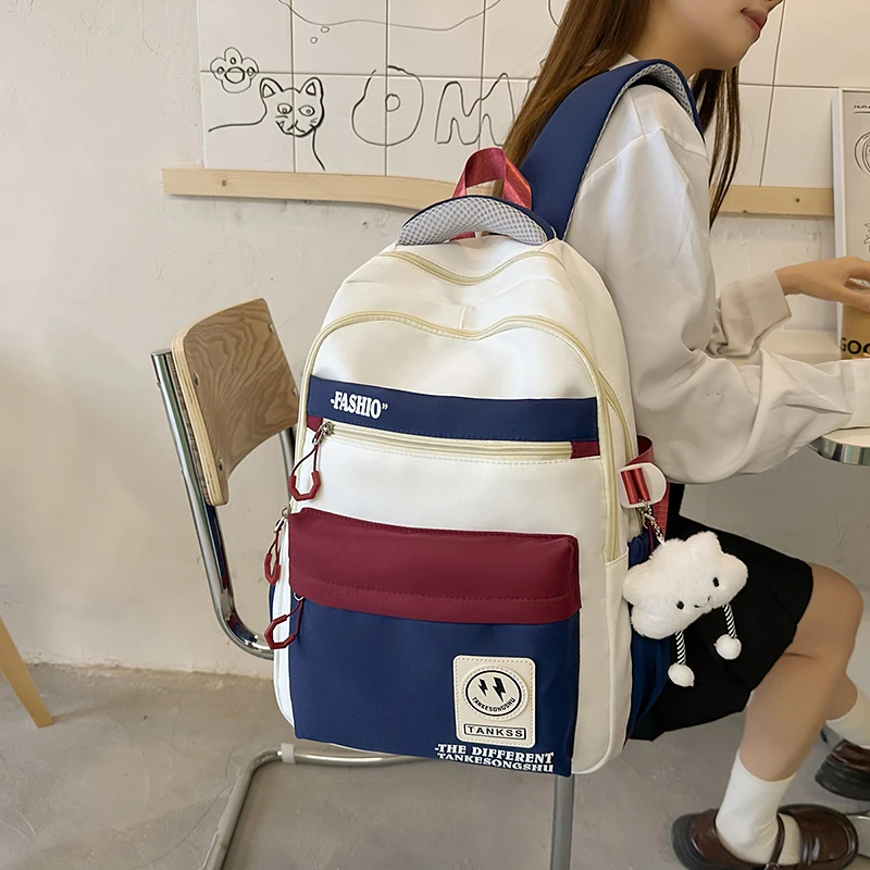 Waterproof Nylon Backpack for Women’s New Fashion Color Block Student Girls Bookbag Travel Backpack Female Leisure Shoulder Bags