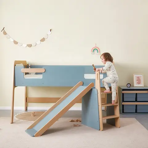 Wooden Kids Furniture Full Size Single Kids Toddler Low Loft Bed With Slide Solid Wood Nordic