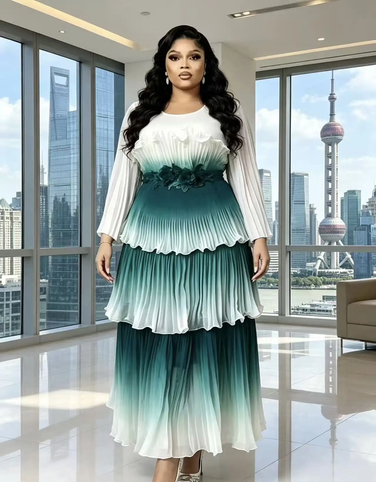 Miyake 2026 New High-end Banquet Pleated Dress Fungus Edge Decorative Printing Gradual Change Light Luxury Dress - view 6