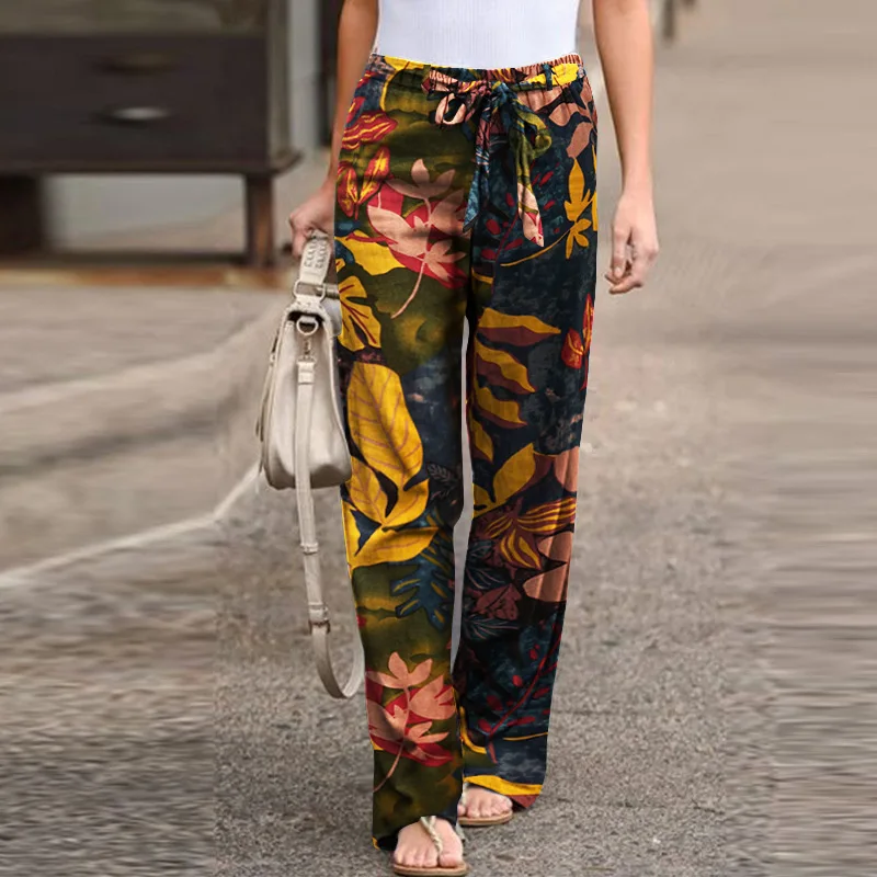 2023 New Summer Fashion Casual Simple Comfortable Elastic Waist Cotton Hemp Large Size Printed High Waist Wide Leg Pants