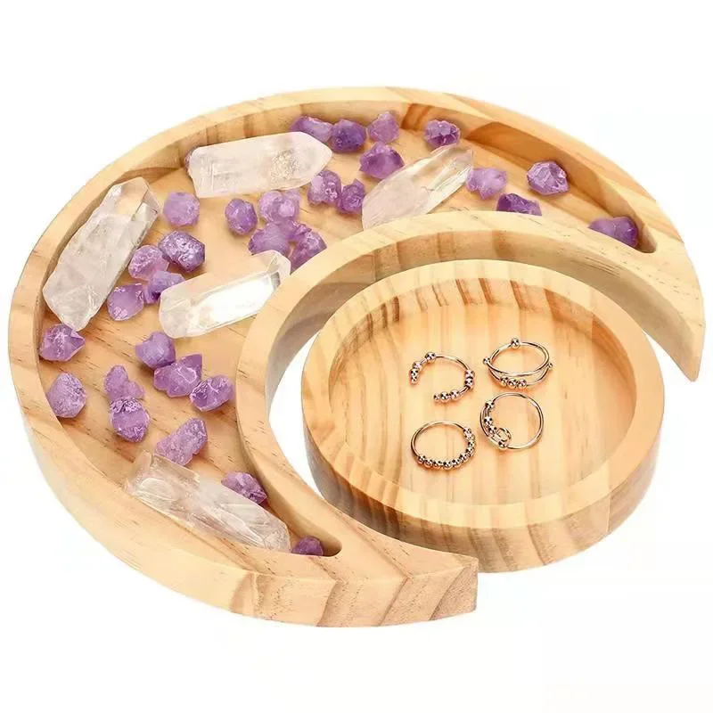 Crescent Moon Tray Crystal Holder Set, Wooden Crystals,Stones Storage, Essential Oil, Rocks,Jewelry Organizer Trays,Wood Tray