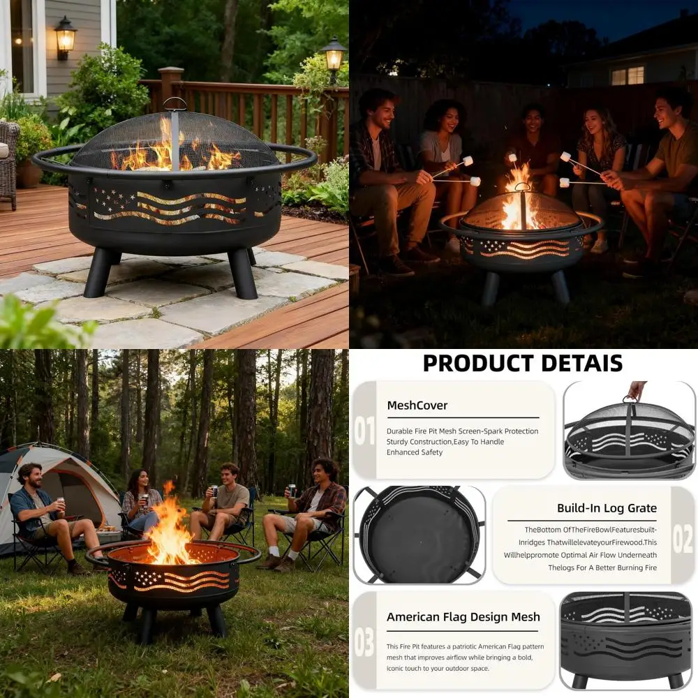 

Круглая 32-дюймовая деревянная костра с сетчатым чехлом и покером для использования на открытом воздухе, патио, сада, заднего двора