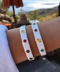 Geometric Different Shapes Colors Stone Cubic Zirconia Wide Bangle Cuff Bracelet for Women White Color Enamel Fashion Jewelry