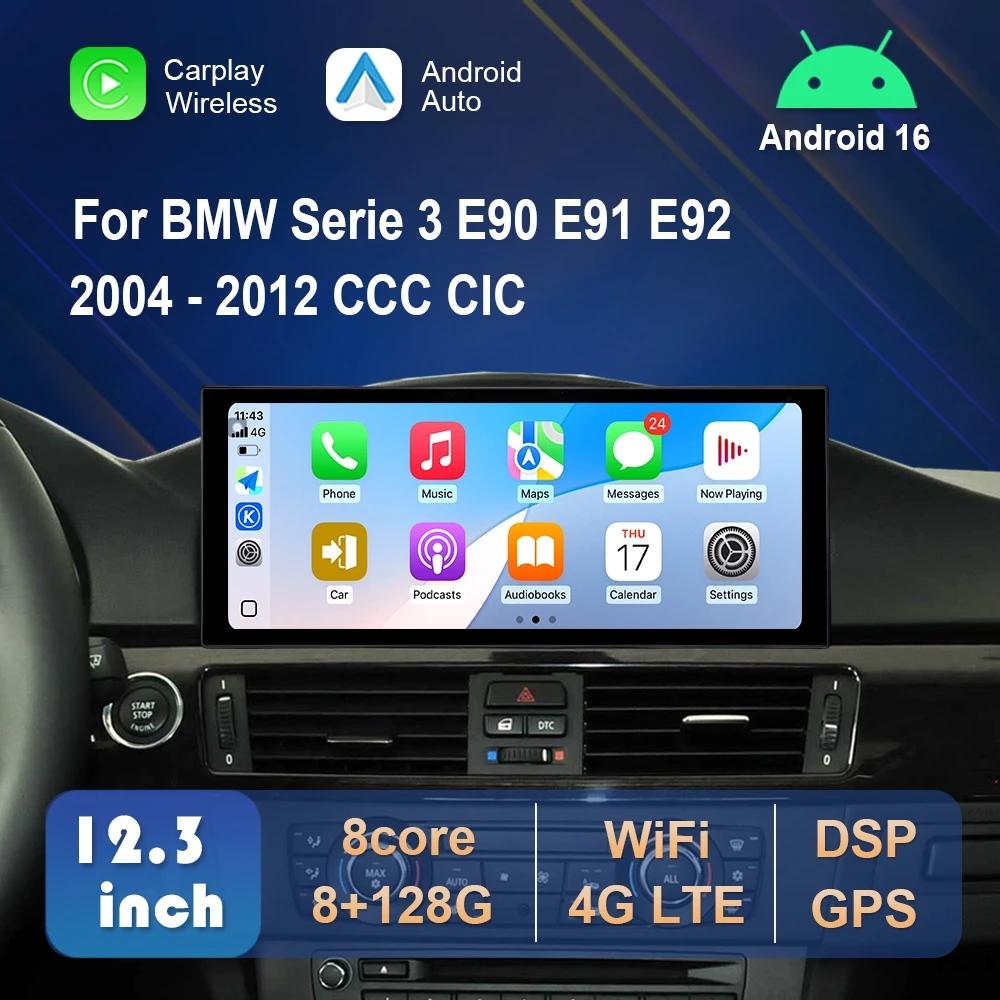 Kabelloses Carplay für BMW 3er Serie E90 E91 E92 2004 - 2012 CCC CIC System Android 16 Auto-Multimedia-Videoplayer Multimedia-GPS