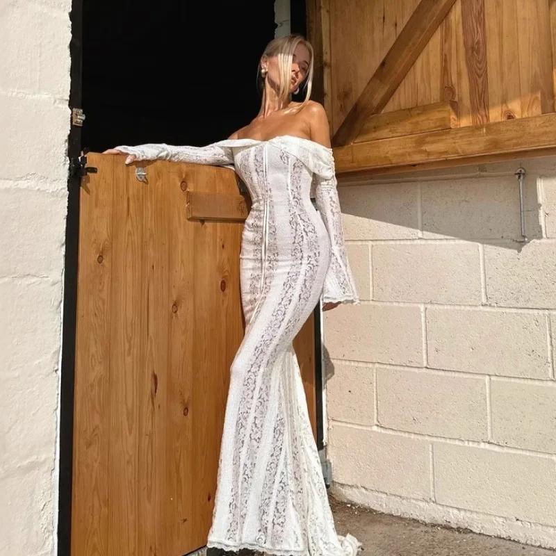 

Women Elegant Sexy Lace Maxi Evening Party Dresses Lace-up Off Shoulder Flare Sleeve Bodycon Long Birthday Robe Vacation Outfits