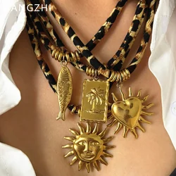 HangZhi Punk Sun Fish Shell Gold Color Multi Pendant Leopard Print Rope Necklace Exaggerated Vintage Charms Jewelry Gift