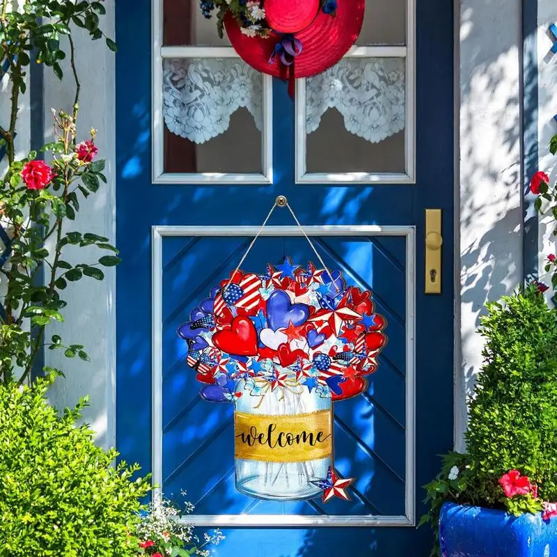 4th Of July Door Sign Farmhouse Patriotic Door Hanger For Front Door 4th Of July Wooden Welcome Door Sign For Independence Day