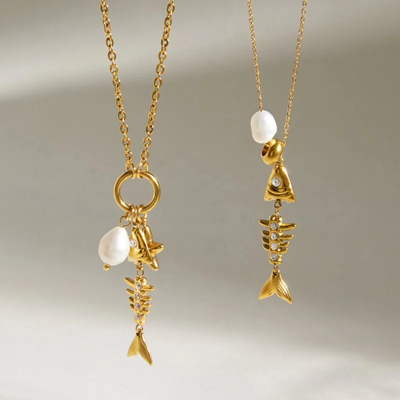 

Minar Exquisite Freshwater Pearl Rhinestone Fish Bone Star Pendant Necklaces for Women 18K Gold PVD Plated Titanium Steel Choker
