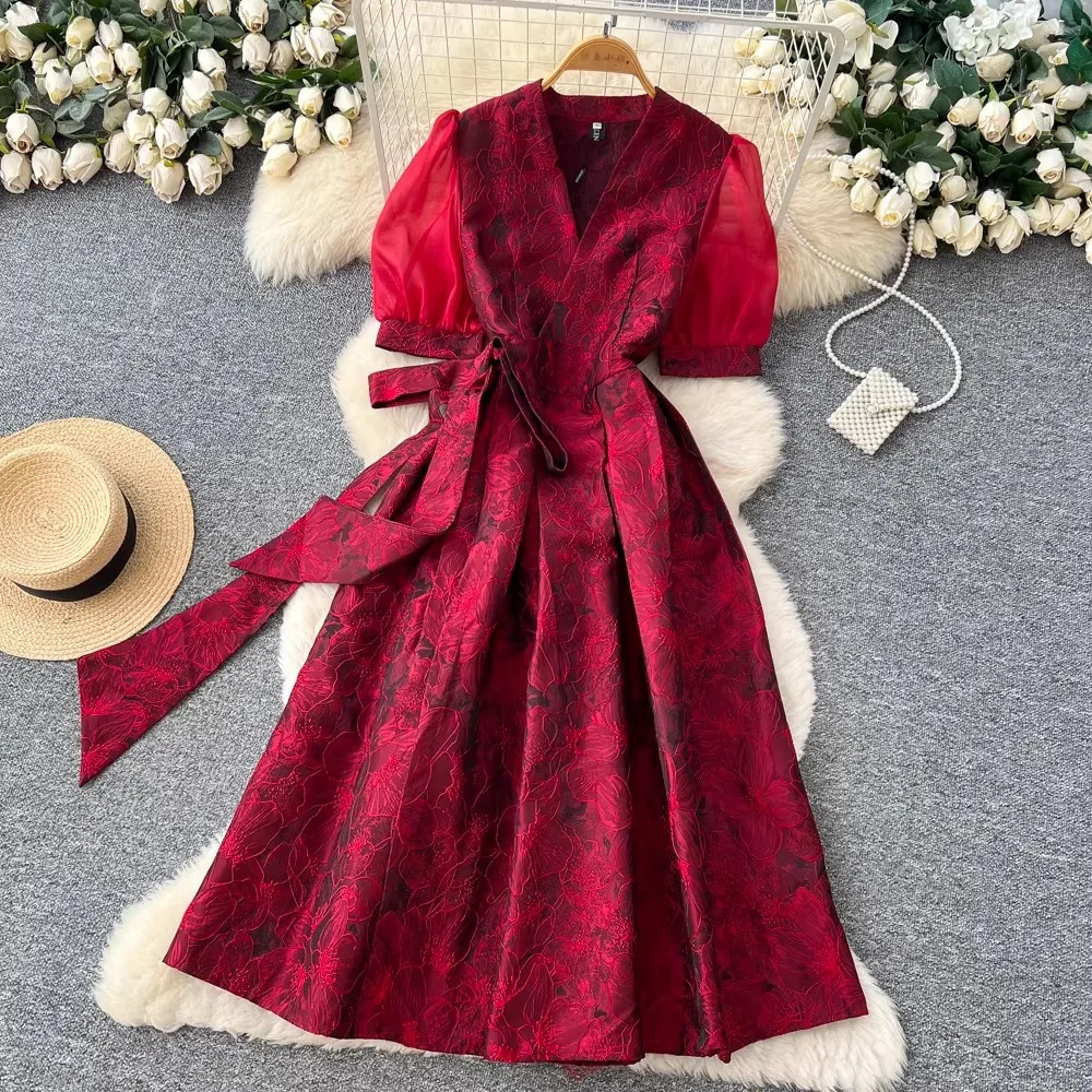 

Summer Bohemian Jacquard Flower Long Dress Women V-Neck Short Puff Sleeve Vintage Print Bandage Lace Up Robe Vestidos Clothes