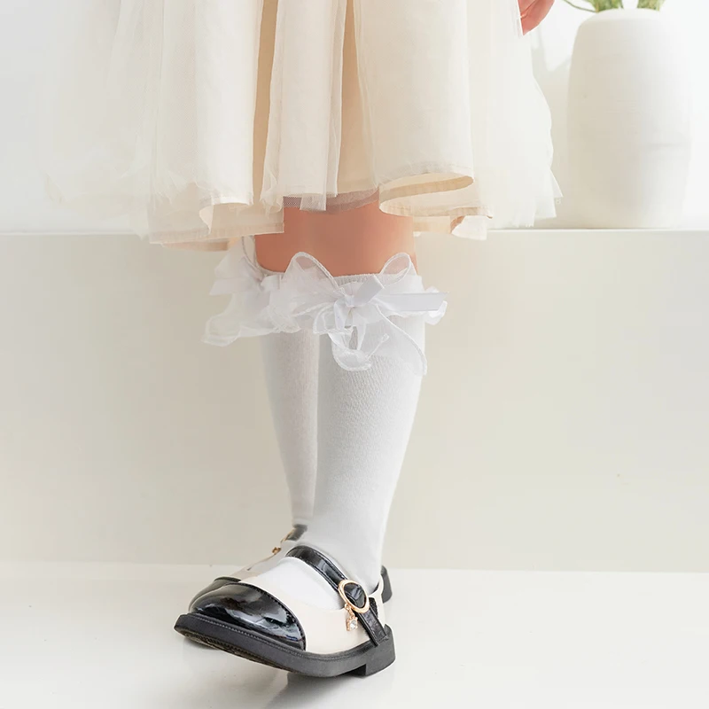 Korean Princess Style Girls Lace Frill Mid Calf Socks Featuring Beautiful Double Bow Decor Soft Light Stretch Knit Sweet Hosiery