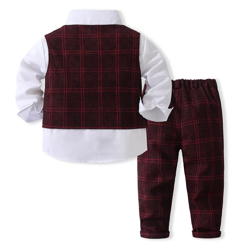 Spring Fall Toddler Boy Clothes Set Korean Fashion Plaid Gentleman Baby Tops+Vest+Pants+Tie Children Boutique Clothing BC1049-1