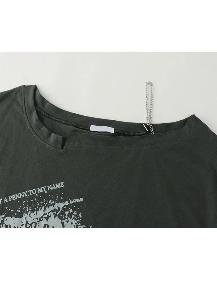 Women Dark Grey Graffiti Print T-shirt Harajuku Y2k Tee Top 90s Vintage Oversize Off Shoulder Long Sleeve T-shirt 2000s Clothes