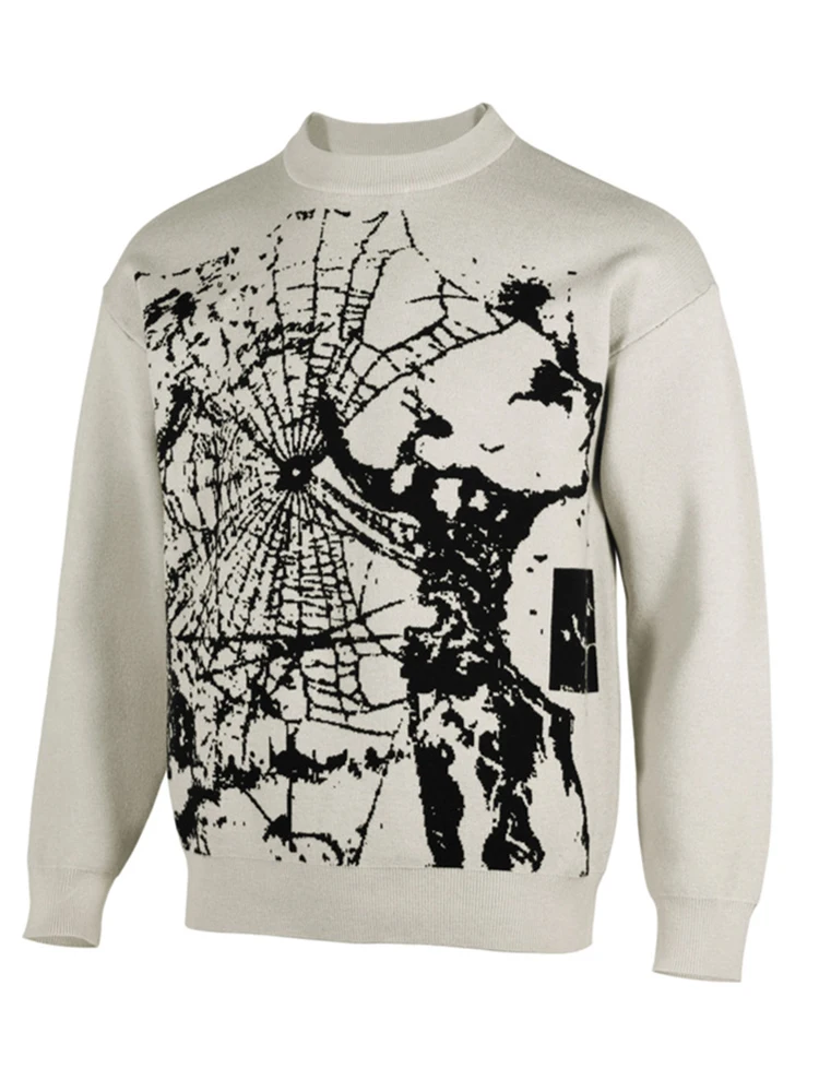 Gothic Style Sweater Men Autumn Winter New Casual Long Sleeve O Neck Knitted Jumper Tops Mens Knitwear Vintage Graphic Sweaters