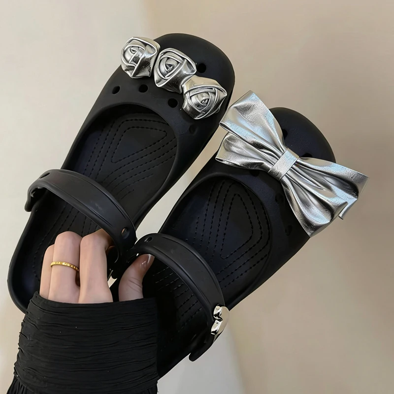 Luxury Silver Bowknot Shoes Decorations Women Summer 2026 Elegant Flower Ballet Clogs Accessories Black Shoes Charms Set Mujer