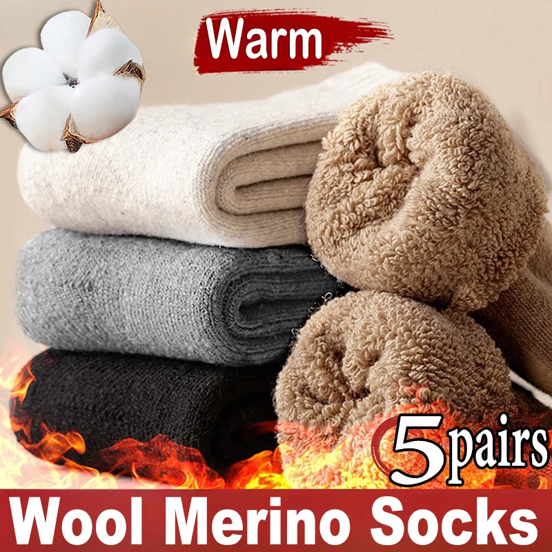 

5Pairs Thicken Winter Wool Merino Socks for Women Towel Keep Warm Winter Terry Socks New Year Christmas Russia Socks for Man