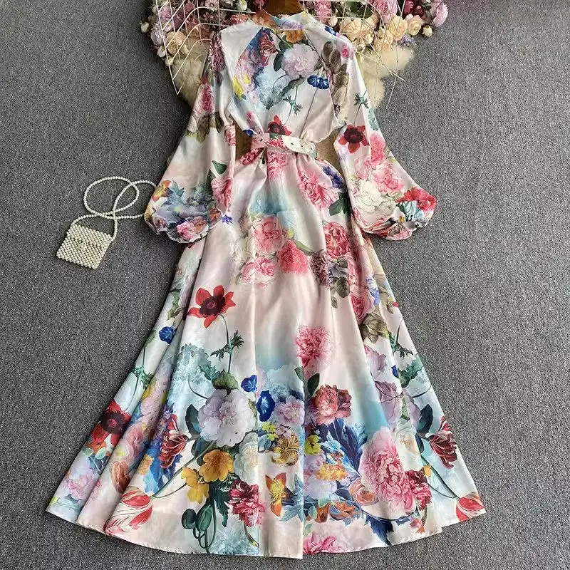 Printed Long Sleeved Maxi Dress 2024 Spring Autumn Women Fashion Elegant Belted Retro Single Breasted Female Vestidos Z4884