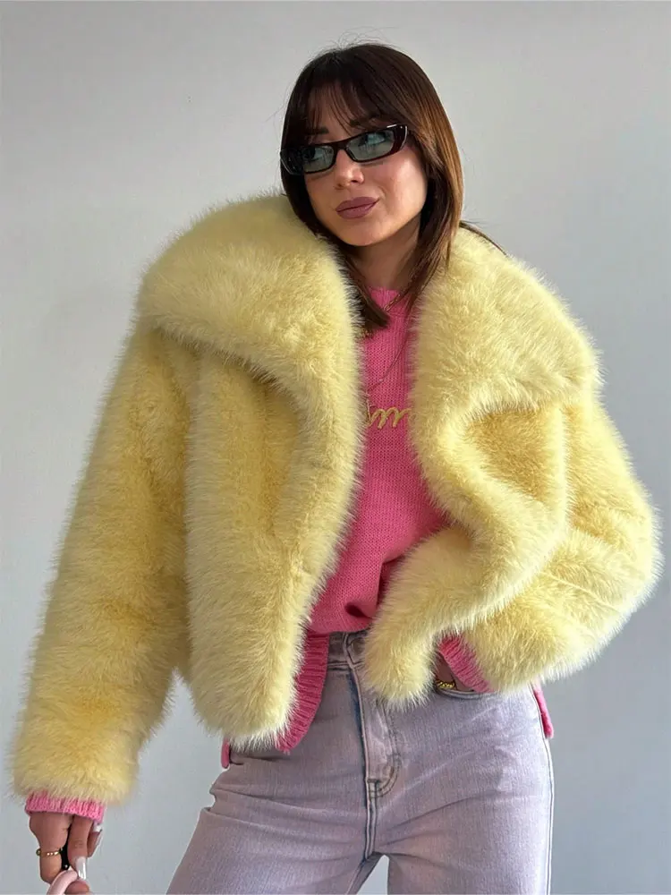 

HH Faux Fur Coats For Women Autumn Winter Warm Oversize Outerwear Elegant Yellow Long Sleeve Jacket 2025 Fashion Streetwear