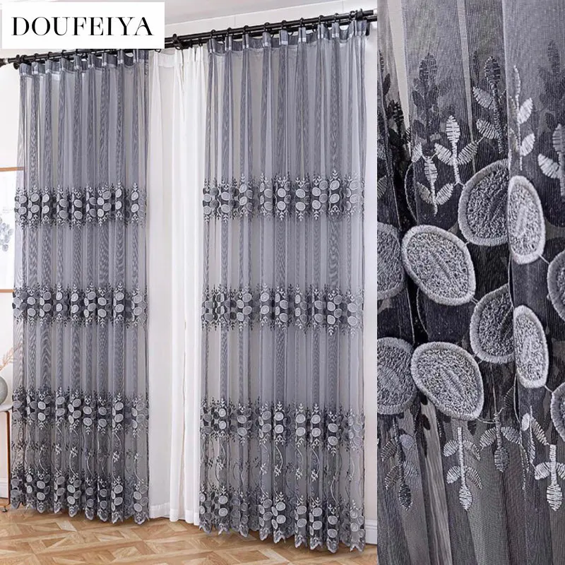 Curtains for Living Room Bedroom Dining 3D Embossed Embroidery Gray Tulle Modern Voile Sheer Fabric Luxury Custom Size