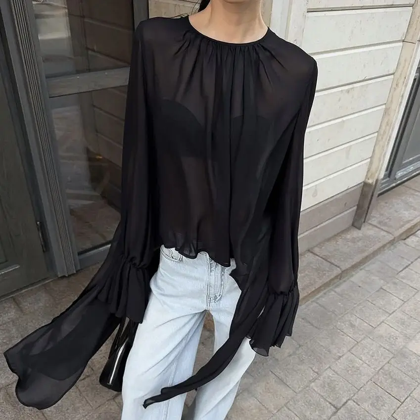 Black Mesh Long-sleeve Shirt, Sexy Sheer Irregular Top, Slit Elegant Versatile Commuter Shirt