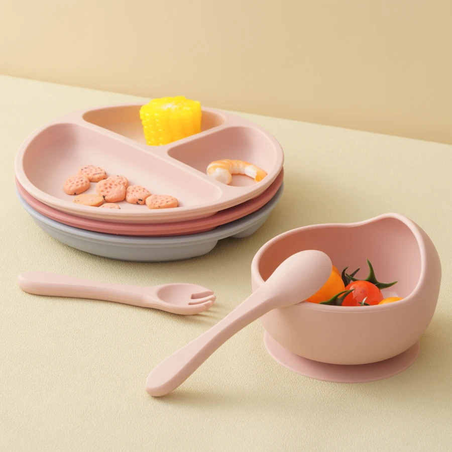 5PCS Silicone Dinner Sets For Baby Non-Slip Bowl Suction Plate Adjustable Bib Soft Utensils Feeding Training Baby Meal Tray