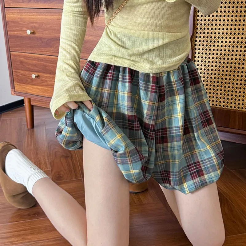 Karierte Pumphose-Shorts für Damen, Sommer, dünn, hohe Taille, schlanker A-Linien-Rock, kleine Größe, weites Bein, Rockhose