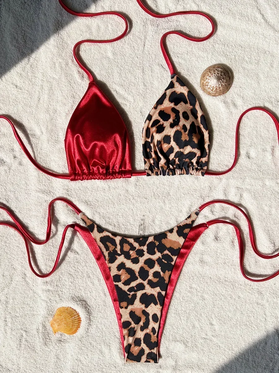 Bikini z leopardzim wzorem, wiązane na szyi, z satynowymi wstawkami, damski strój kąpielowy, dwuczęściowy zestaw bikini, mikro strój kąpielowy, 2026