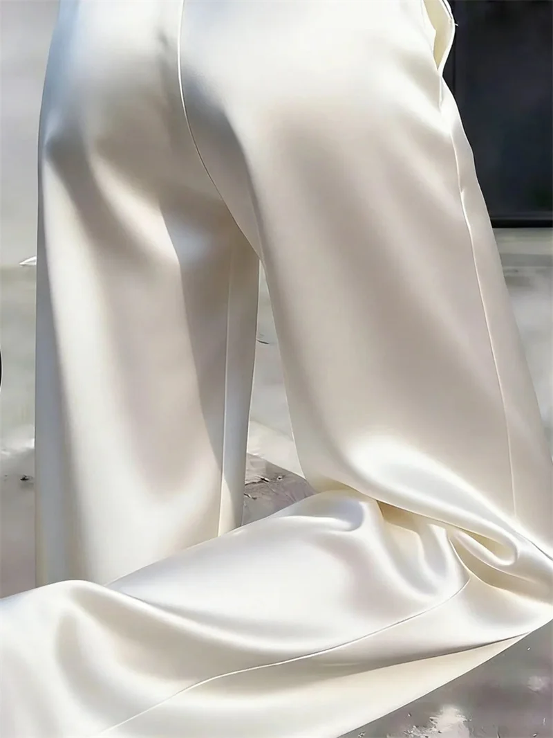 Women Solid Color Acetate Satin Wide Leg Pantalons Korean Lady Fashion Casual Trousers Summer Femme High Waist Straight Leg Pant