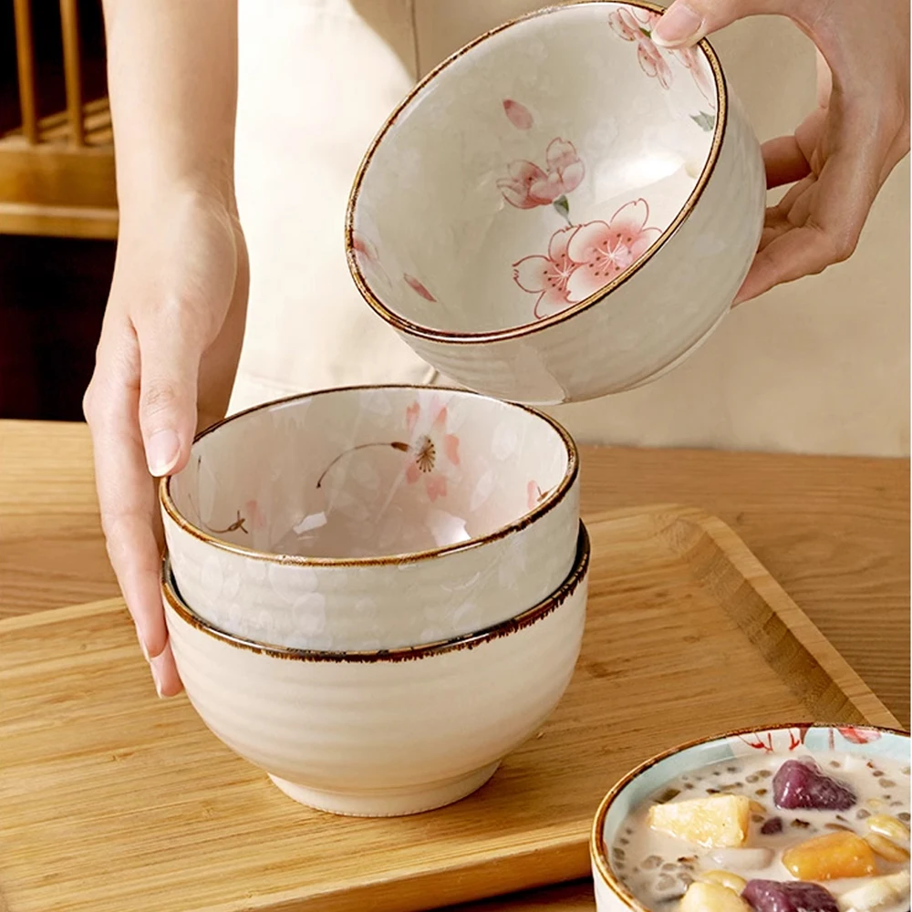 Japanese Style Cherry Blossom Ceramic Bowls Set Rice Snacks Sauces Bowl Kawaii Tableware Kitchen