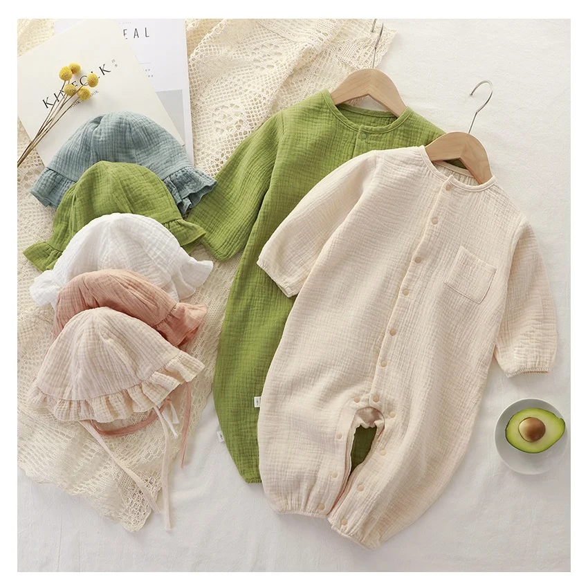 Newborn Baby Clothes Spring Autumn 100% Cotton Gauze Romper Cap Set Onepiece Pijamas Muslin White Waffle Jumpsuit Mamelucos Ropa