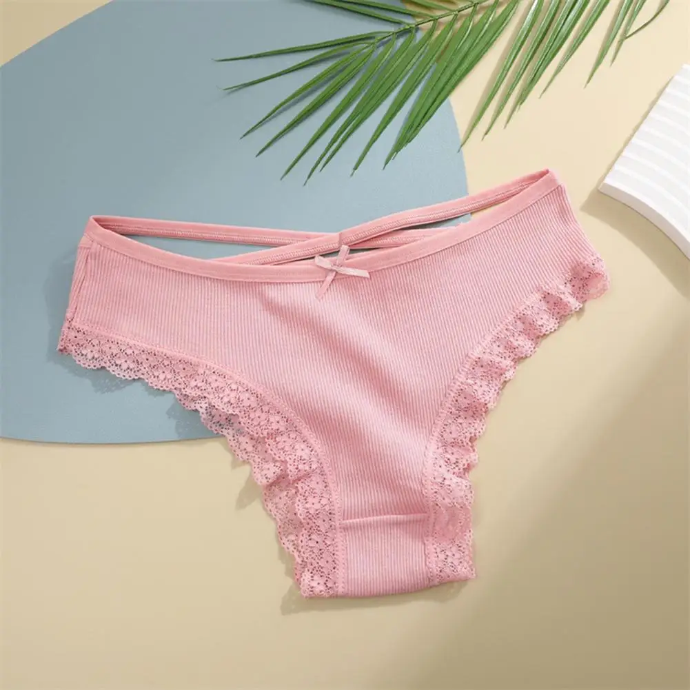 2026 Lady Panties Thread Cotton Lace Trim Hollow Out CrossStrap Low Waist Elastic Briefs Bow Decor Solid Color Briefs 95