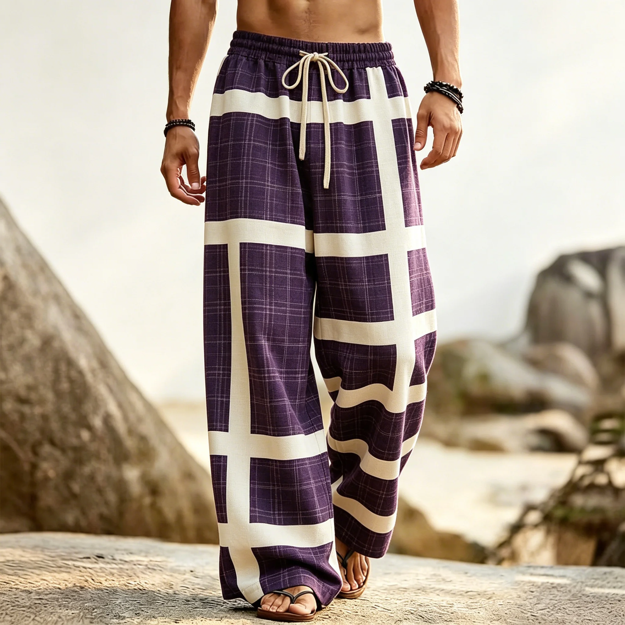 Men's Classic Navy Plaid Print Drawstring Wide Leg Pants
