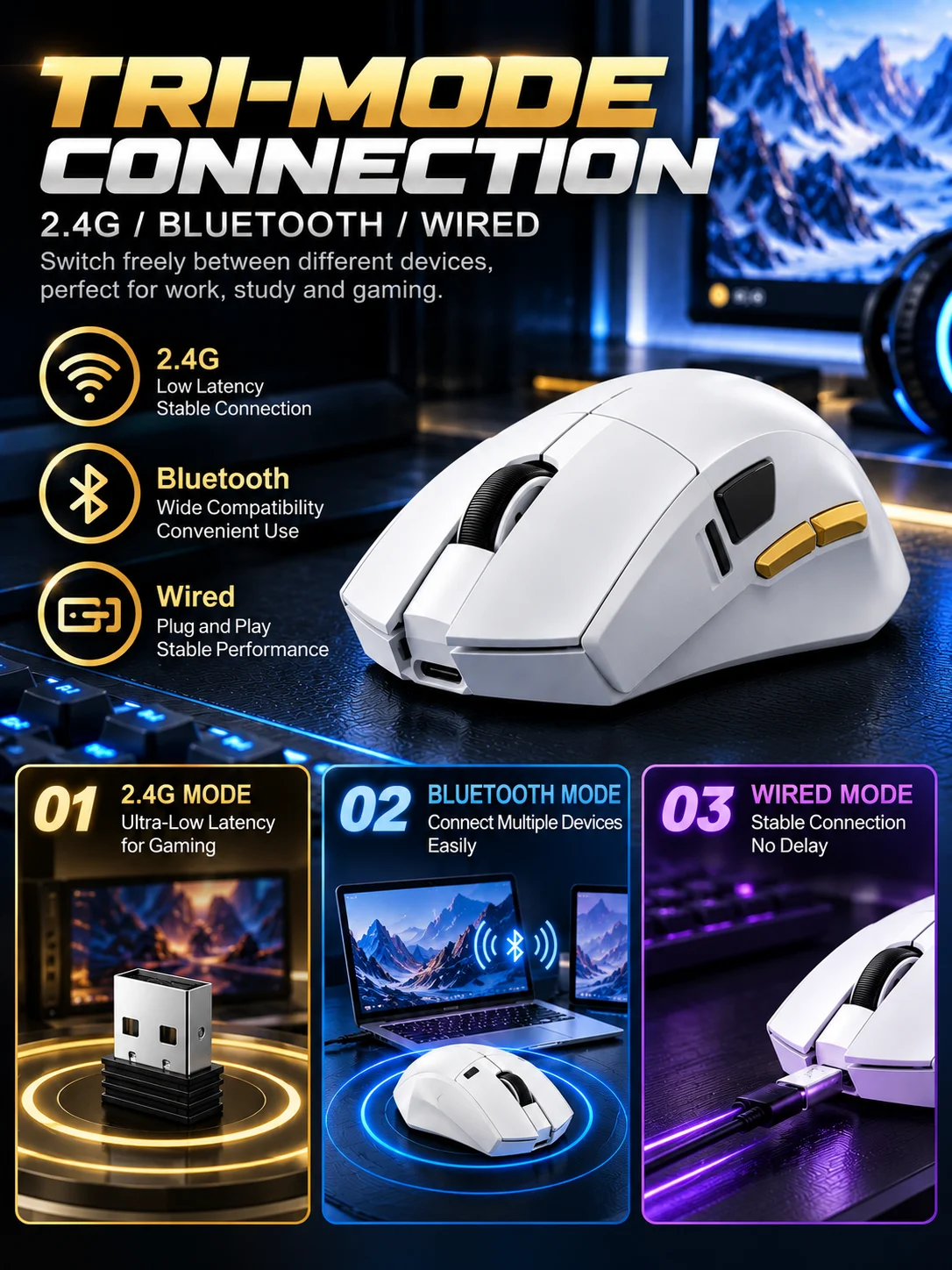 AULA V5 Wireless Gaming Mouse PAW3311 12000DPI Tri Mode 2.4G Bluetooth USB-C 1000Hz 62g Ergonomic Mouse
