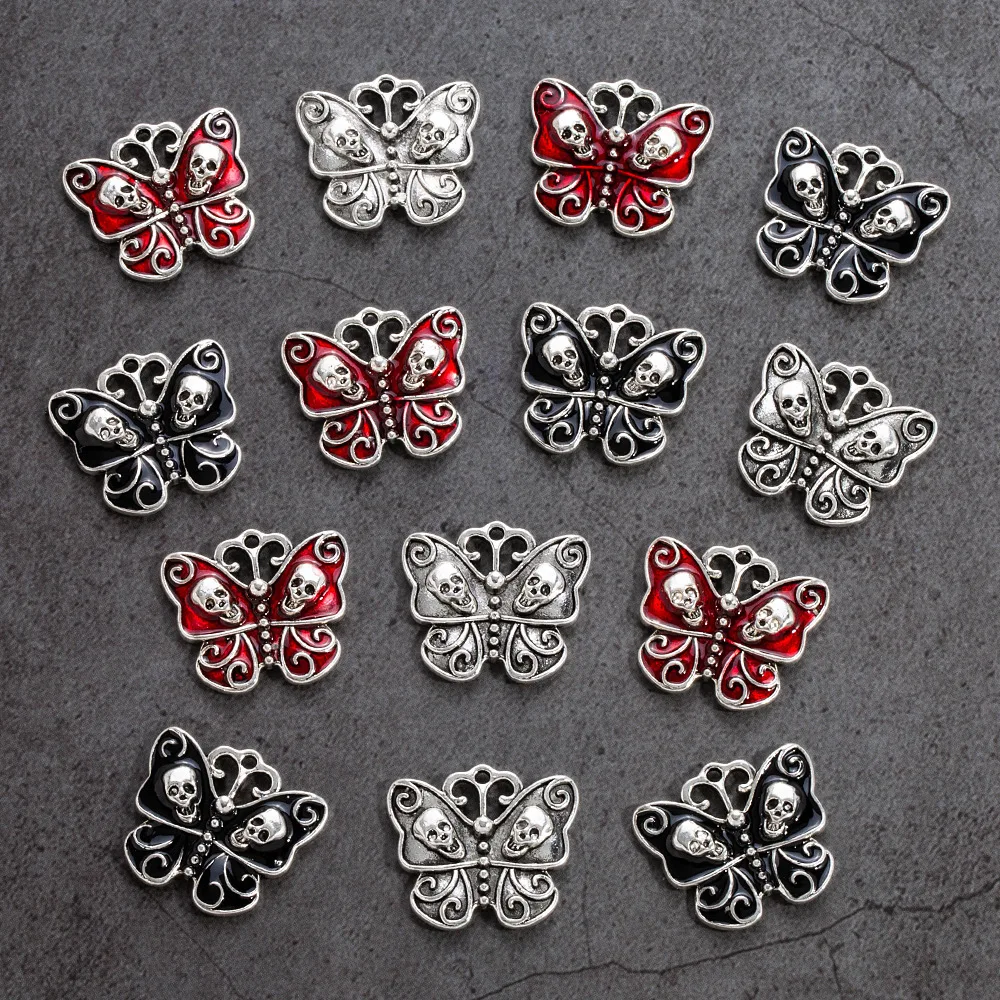 10PCS Vintage Gothic Dark Style Butterfly Skull Pendant DIY Accessories Alloy Jewelry Halloween Hollow Out Accessories