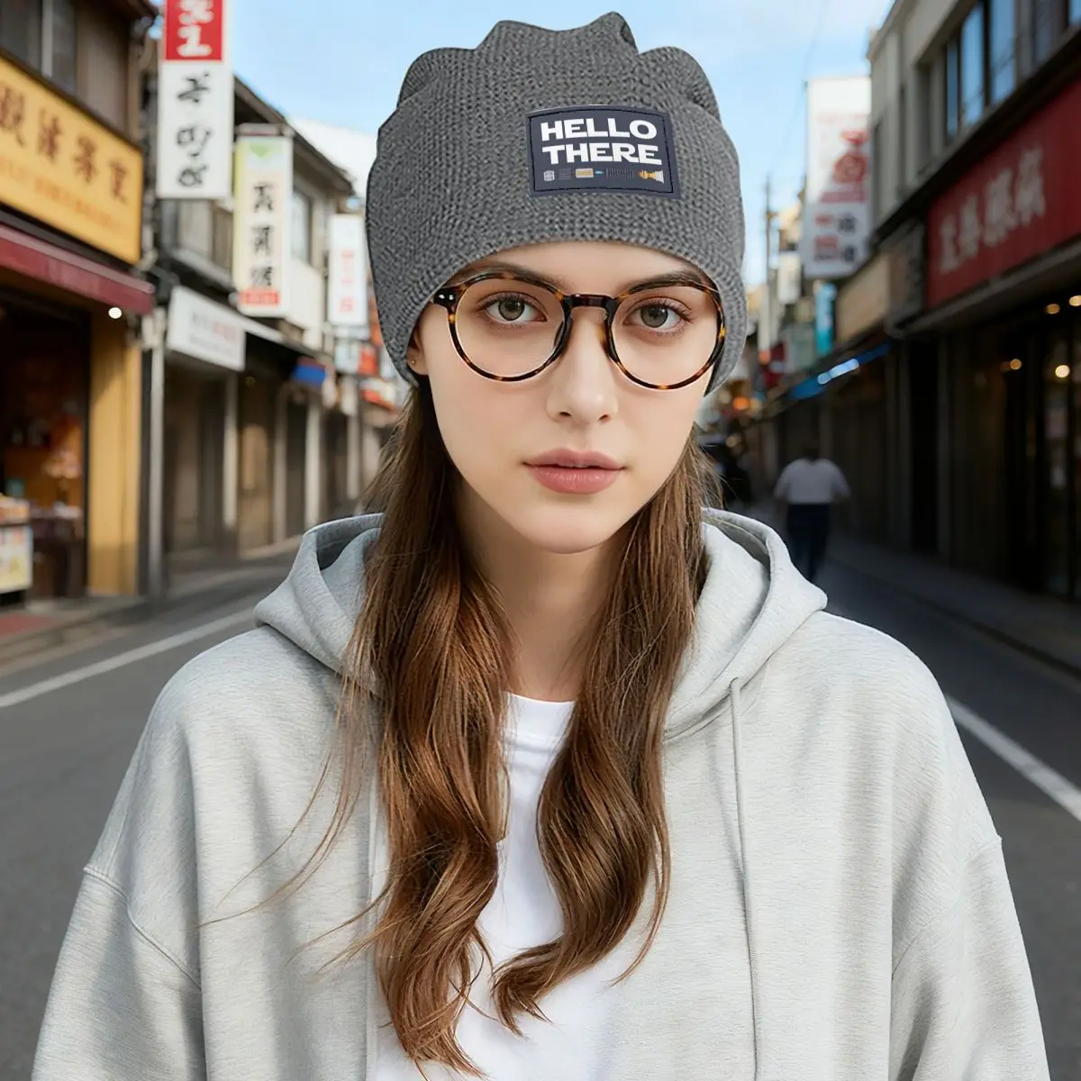 Hello There Waffle Knit Fleece Lined Beanie with PU Leather Patch Unisex Warm Winter Soft Cap
