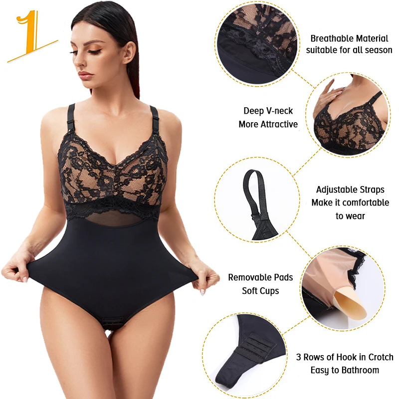 Mesh Lace Thongs Bodysuit Women Shapewear Seamless Padded Full Body Shaper Slim Waist Tummy Control Flat Belly Smooth Underwear