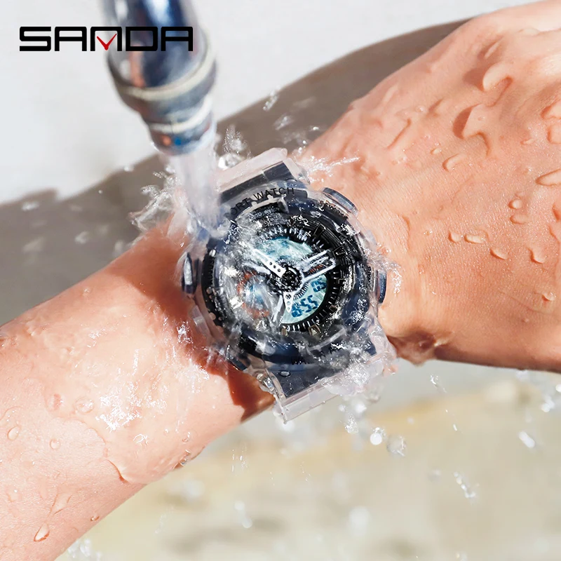 SANDA Couple Watch Timer Alarm Clock 2023 New Fashion Transparent Strap Sports Dual Display Watches Shockproof 30M Waterproof