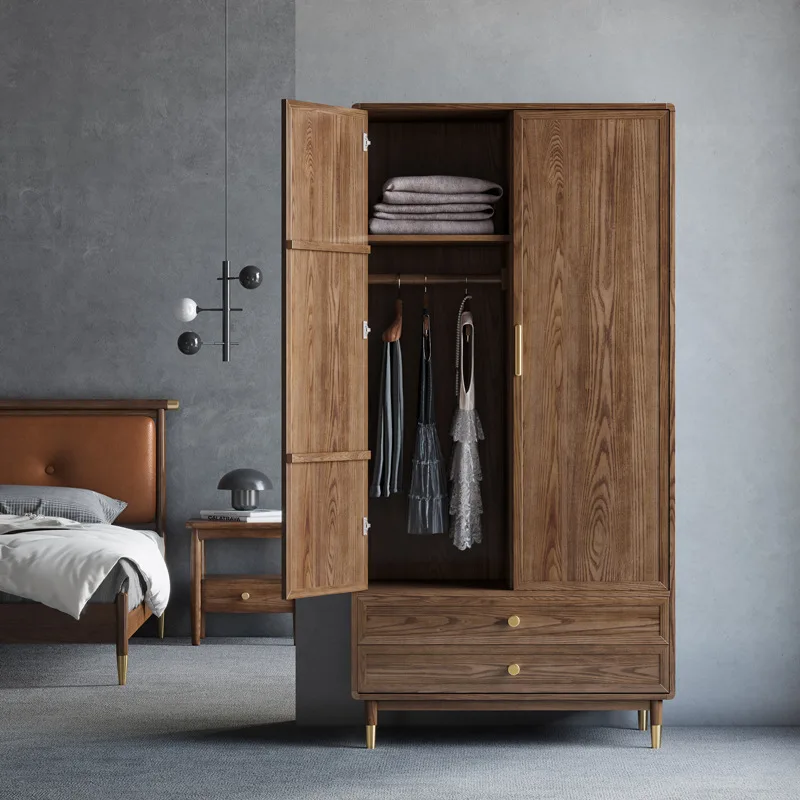 غرفة نوم يابانية شمالية قابلة للتخصيص، خشب متين، بابين، أثاث خزانة ملابس صيني من خشب الجوز